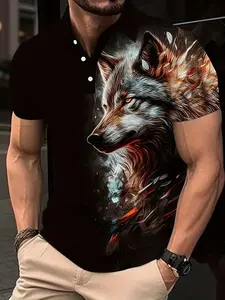 Men's Wolf Animal Print Polo Shirt, Casual Short Sleeve Fitted Design, Geometric Pattern, All Seasons Wear
