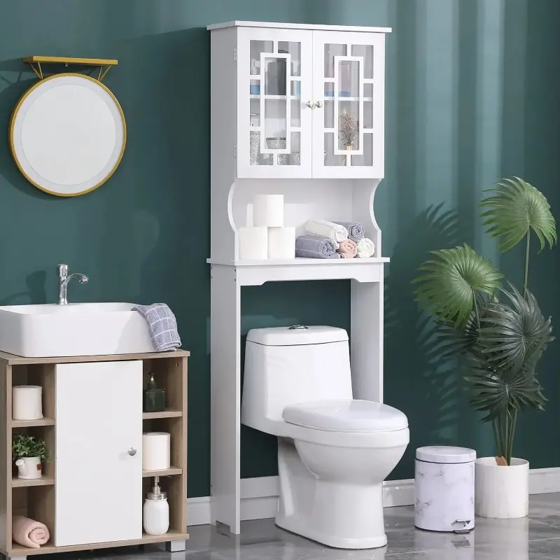 Space-Saving Over-The-Toilet Bathroom Storage Cabinet, White Wooden Organizer Featuring Glass Doors & Adjustable Shelf