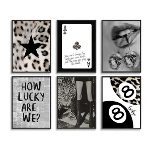 6pcs/set Frameless Black and White Art Canvas Poster Leopard Print Star Queen Card Lips Lucky 8 Ball Modern Wall Decor for Living Room Home
