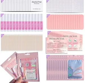 Disposable Nail Supplies Kits,Professional Manicure Press On Nail Tool Kit with Nail File,Adhesive Tabs,Nail Glue,Sticks, Prep Pads,Bags,Cards for Nail Business (140pcs20set-pink)