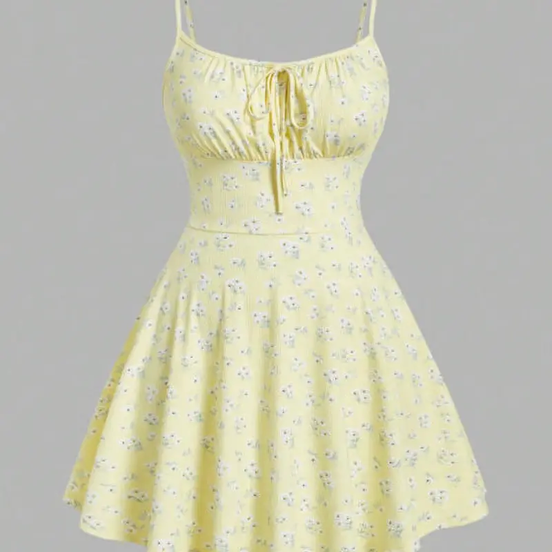 Women's Floral Print Knitted Bodycon Spaghetti Strap Skater Fitted Dress, Boho Fashion Dress, Casual, featuring a floral pattern, Perfect for vacations, dates, beach outings, this dress exudes a bohemian vibe ideal for summer getaway, Boho Style Dresses
