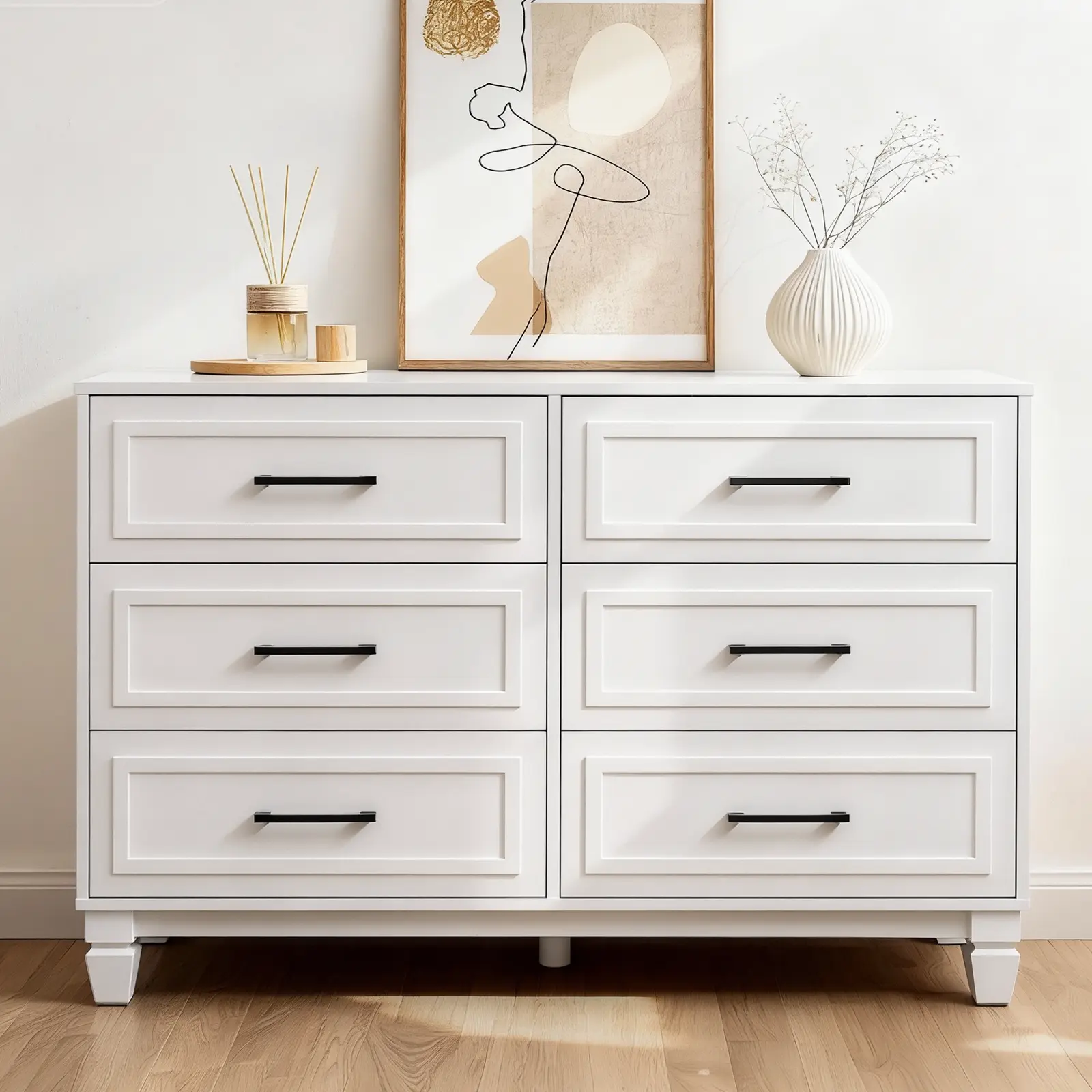 BERRY NEST Farmhouse Bedroom Dresser - 47.2" Wide White Wood 6-Drawer Modern Minimalist Chest with Metal Handles, Modern Home Furniture for Clothing Organization (120lb Capacity, 55" TV Fits)