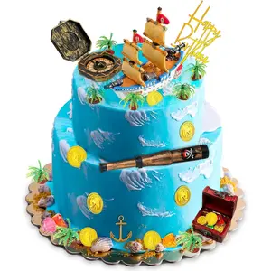 32 pcs pirate ship cake topper nautical sailboat model decoration set gold coins pirate gems treasure telescope for birthday party supplies