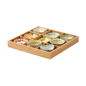 KAWASIMAYA 9-Compartment Serving Tray Bamboo Hot Pot Platter with 9 Small Dishes for Snacks and Tea