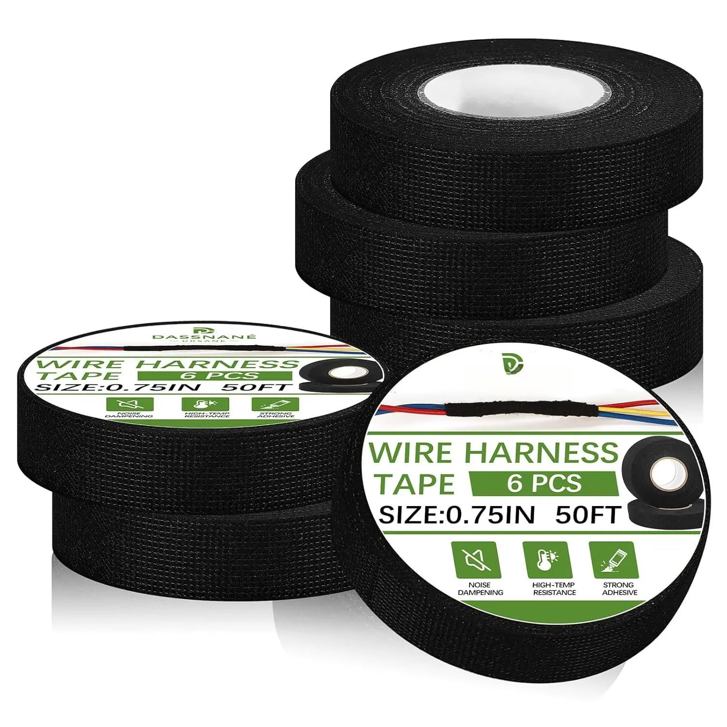 6 Rolls Wiring Harness Tape,High Temp 3/4 Inch x 50FT Heat Resistant Cloth Tape,Wiring Loom Harness for Automotive Engine Harness Wrap Protection, Noise Dampening, and  Protection