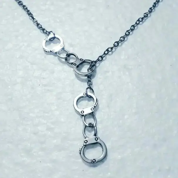 Fashion  Double Handcuffs Pendant Adjustable Cross Lariat Necklace For Women Men Punk Goth Jewelry Gift
