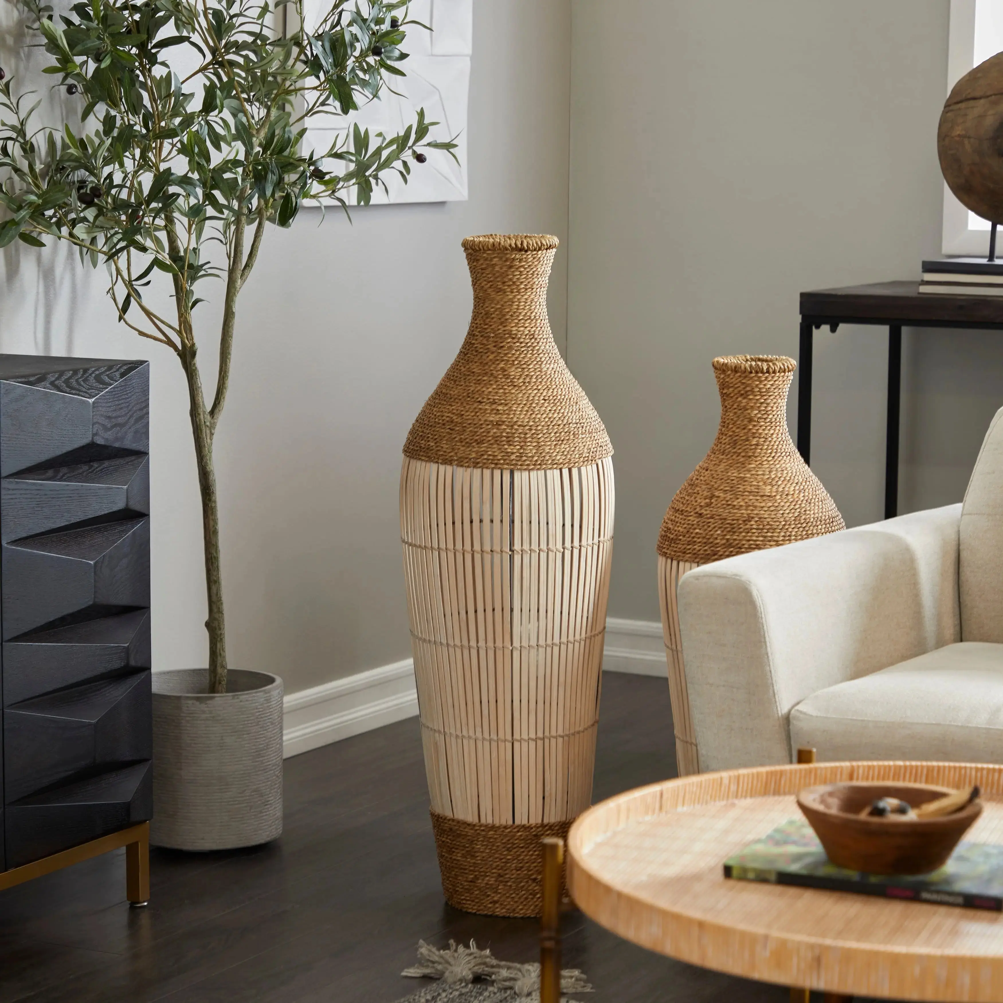 Brown Seagrass Handmade Tall Woven Floor Vase.   Handwoven from natural seagrass, each vase boasts unique textures and intricate patterns.