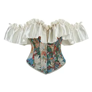 Women’s Corset Bustier Tops Vintage Jacquard Floral Ruffle-Sleeve Bodyshapers Trendy Renaissance Blouses