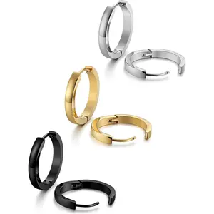 FINREZIO 3 Pcs Stainless Steel Mens Womens Hypoallergenic Hoop Earrings Huggie Ear Piercings Black/gold/silver Flat Pierced Jewelry