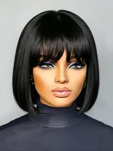 Short Straight Bob Wig with Bangs, Human Hair Natural Look Bob Wig, Beginner Friendly Full Machine Made Wig for Women Daily Party Fashion