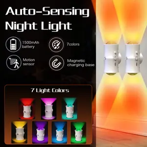 Smart Led Motion Sensor Night Light 2-Pack, 7 Colors Rechargeable Battery Stair Light, Wireless Magnetic Wall Lamp, Modern Bedside Night Light,Mood Decorative Light,Cordless Led Wall Night Lights For Steps, Bedroom, Hallway, Courtyard, Father's Day Gift