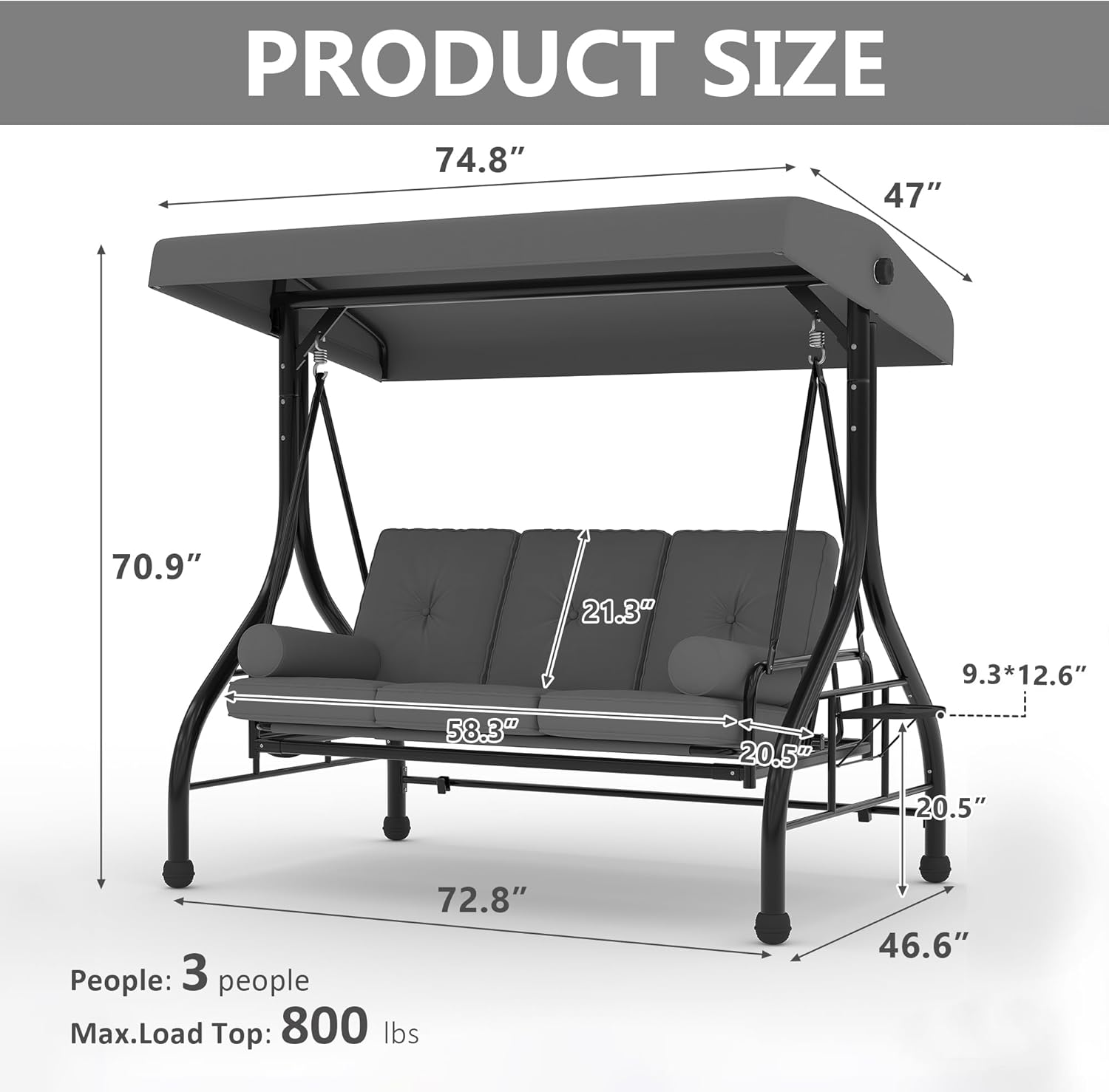 Outdoor Porch Swing with Adjustable Canopy, 3-Seat Patio Swing Chair with Stand, 800LBS Heavy Duty Outdoor Swing for Adults with Cup Holder Tray, Cushion & Pillows, Patio Swings with Canopy for Garden