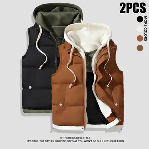 Men's Vest with Hood Cotton Jacket Thick Warm Sleeveless Coat Waistcoat Fake Two-Piece Outerwear, Available in Various Colors luxury faux two-piece vest jacket
