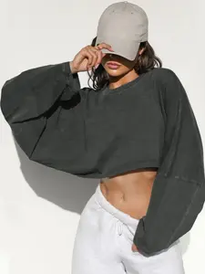 Women's Casual Round Neck Short Sleeve Loose Cropped Sweatshirt, Sporty Solid Knit Top, Long Sleeve Base Layer Tee, Comfortable and Stylish, Soft