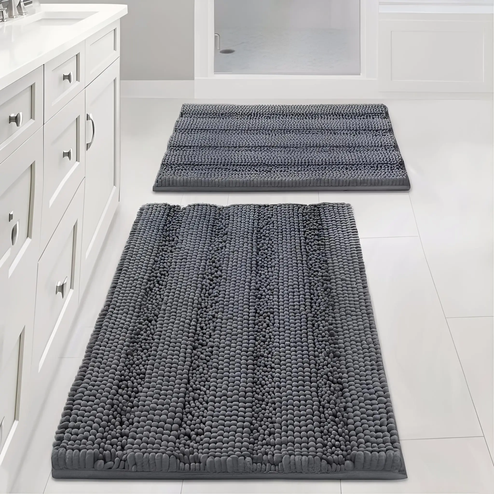 1-2 Pcs Dark Gray Chenille Striped Plush Bath Mats Set - Extra Thick, Washable, Non-Slip, Fast-Absorbing, Comfortable Rectangle Chenille Fiber Gray Bathroom Rugs, Bathroom Accessories