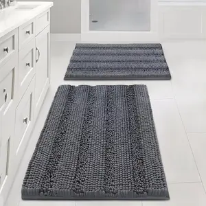 Dark Grey Bathroom Rug Set of 2 (17“x24“, 20”x32”), Extra Thick Chenille Striped Shaggy Bath Mats, Soft Absorbent & Non-Slip Bathroom Floor Rugs