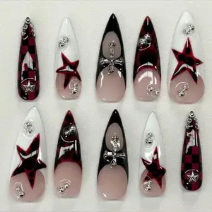 Gothic Red Black Press On Nails | Cross Star Punk Stiletto Nails | Dark Alternative Handmade Nail Set