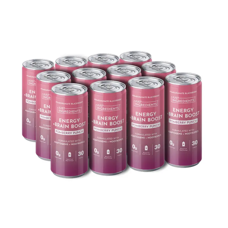 Just Ingredients Pomberry Punch Energy + Brain Boost - 12 Pack - Supports Mood, Brain, Energy & Metabolism - Caffeine from Organic Yerba Mate - Adaptogens & Nootropics - 12 oz Cans - Flavored with Real Fruit - No Added Sugar - BPA-Free Cans