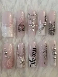 Y2K Silver Cross Press On Nails | Pink Blush Chrome Charms, Coquette Bow, Goth Script, 3D Pearl Gel Nails, Feminine Alt Girl Fake Nails