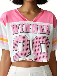Y2K Powder Winner 28 Letter Print Mesh Short Top, 90s Retro Sporty V-Neck Sleeveless Jersey, Bold Y2K Crop T-Shirt