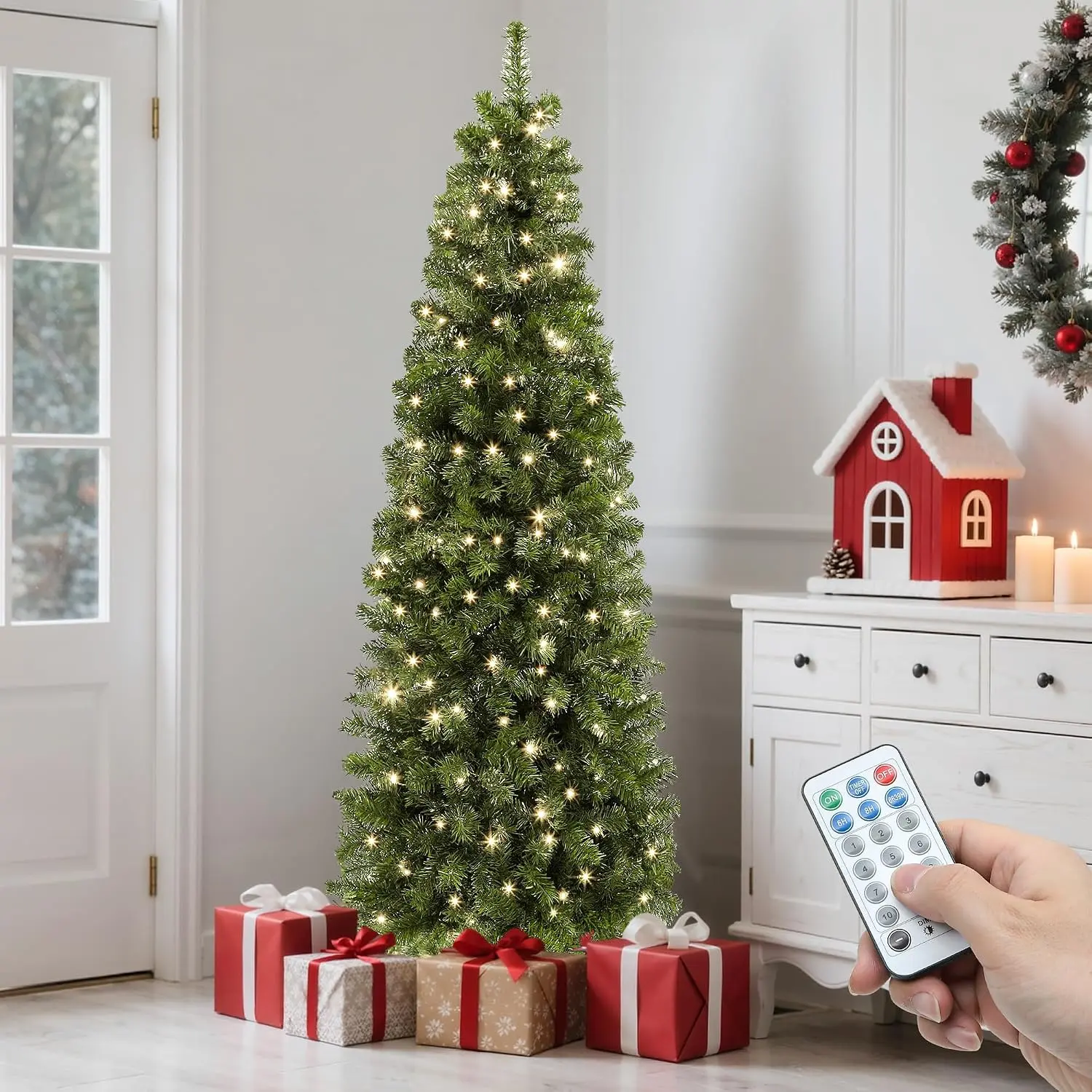 YITAHOME Prelit Pencil Christmas Tree 6/7.5 FT with Remote Control, Slim Fraser Fir Green Christmas Tree with 1000 Branch Tips and 350 Lights for Home, Office, Party Decoration