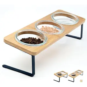 Elevated  Bowls, 15? Tilted   Bowl, Includes 3 Glass  Bowls,  Board, and Metal Stand for Cats and Puppies