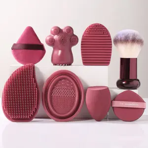 8-Piece Makeup Tool Set with Brush Kit, Sponge, Triangle Powder Puff, Brush Cleaners, Cushion Foundation, Silicone Cat Paw Brush, and Cleansing Gel