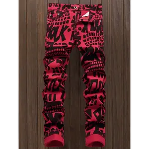 Plus Size Mens Slim Fit Digital Printed Denim Jeans - Stylish Streetwear Hip Hop Pants with Casual Straight Leg Design, Comfortable Fabric, and Fashionable Details - Ideal for Daily Wear and Outdoor Activities