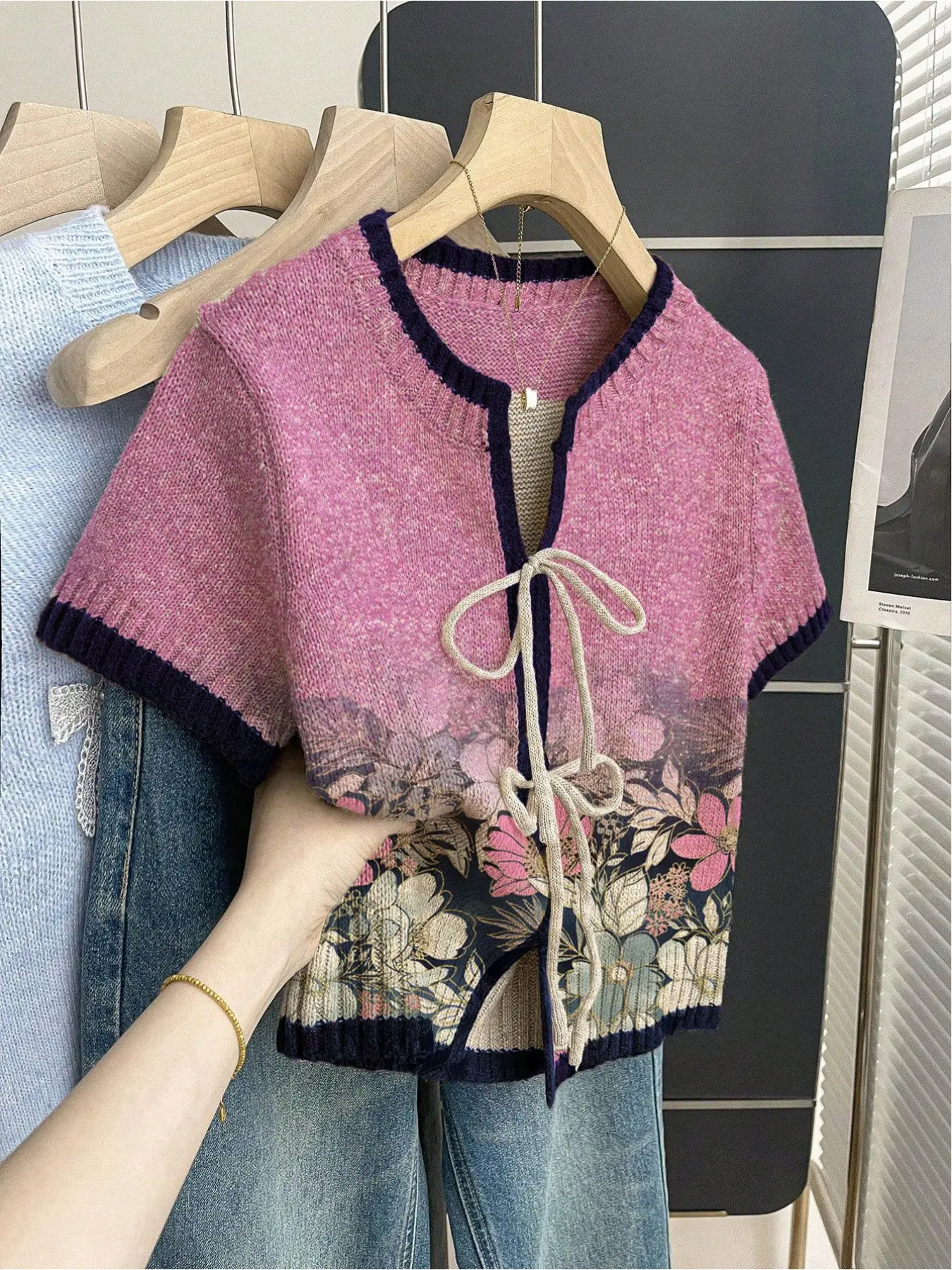 Women's khaki bohemian vacation short-sleeve knit top Casual Comfy Classy Top Womenswear. Loose round neck, pink contrast floral print, front tie and contrast piping. Comfortable for spring & summer casual wear.