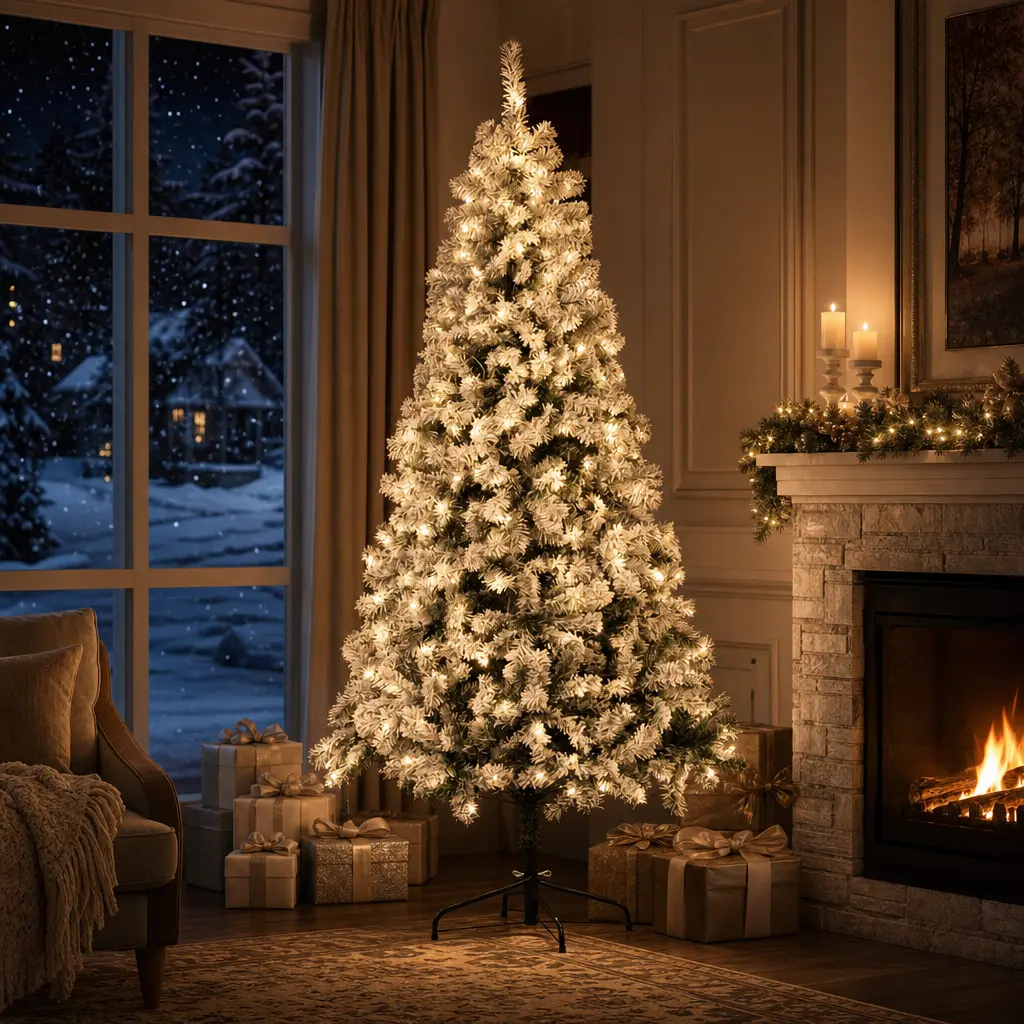 6.5FT Snow Flocked Pre-Lit Christmas Tree with 900 Dense Branch Tips, 250 Warm White LED Lights & 11 Lighting Modes, Premium Hinged Artificial Pine Holiday Tree with Sturdy Foldable Metal Stand for Home, Office, Living Room and Fireplace Decor homedecor