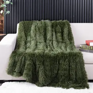 Olive Green Faux Fur Throw,2 Layers,50" x 60" Plush Fluffy Furry Fuzzy Warm Cute Shaggy for Fall Room Women Pet