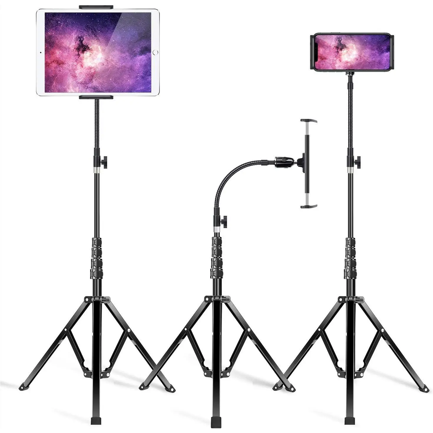 Metal iPad Tripod Stand & Adjustable 72'' Gooseneck Tablet Floor Holder, Heavy Duty  iPad Floor Stand for Pro 12.9 11, Mini, Air,  and 4.7-12.9" Tablets Cell Phones