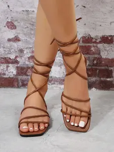 Summer New Fairy Style Tie-Up Flat Sandals for Women, Gentle Fashion High-End Beach Slippers, Slimming Slip-On Shoes, Adjustable Strappy Sandals