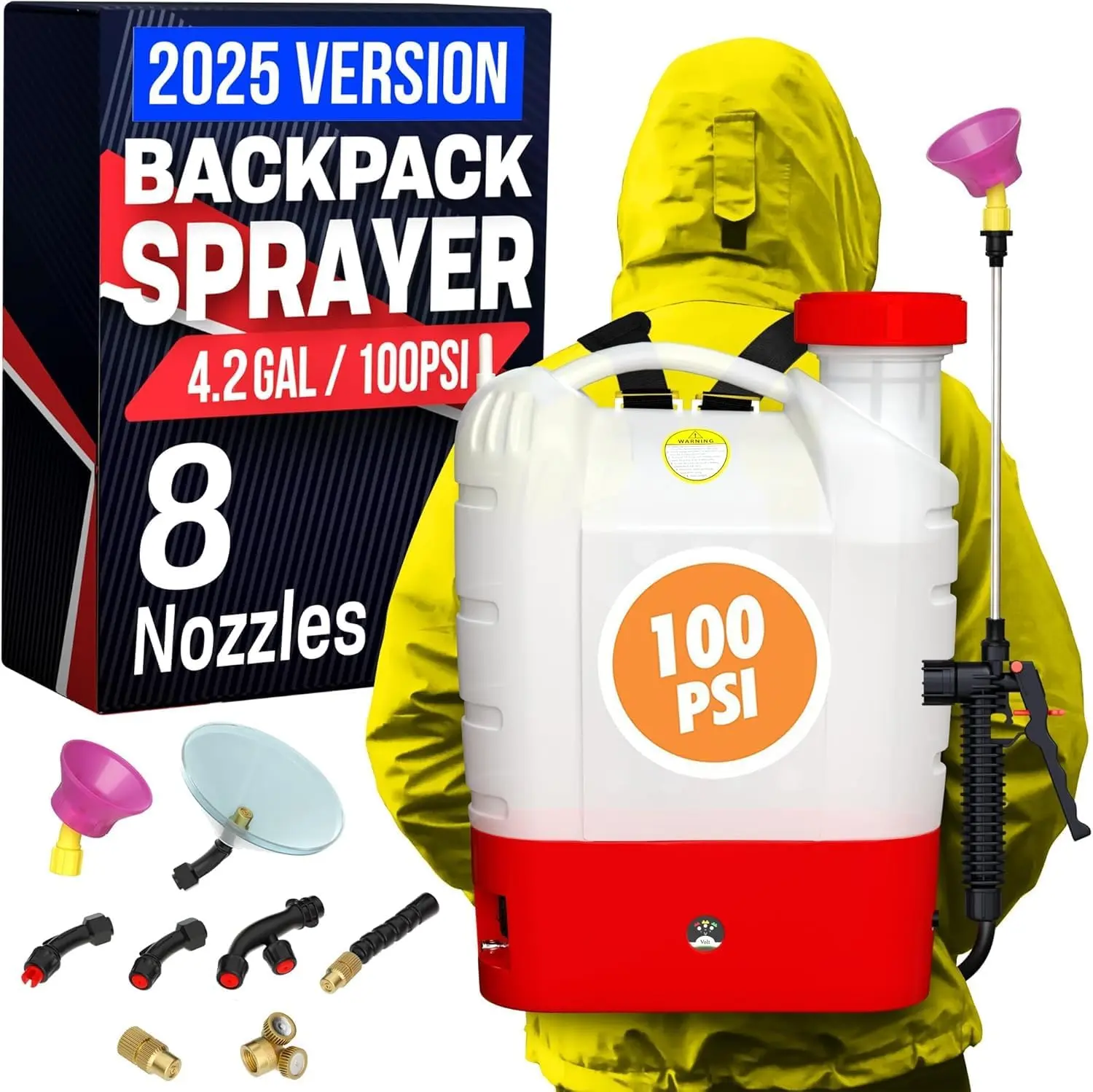 Backpack Sprayer - 4.2 Gallon, 8 Nozzles, 100PSI Cutoff, Long  Life, Wide Mouth, High- Spray Hose, Trigger Lock,  Knob Controller