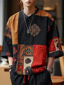 INCERUN Men's Buttons Open 3/4 Sleeve Tops Button Front Shirt Casual Stylish Loose Printed Floral Shirts Blouse Casual Fashion Top