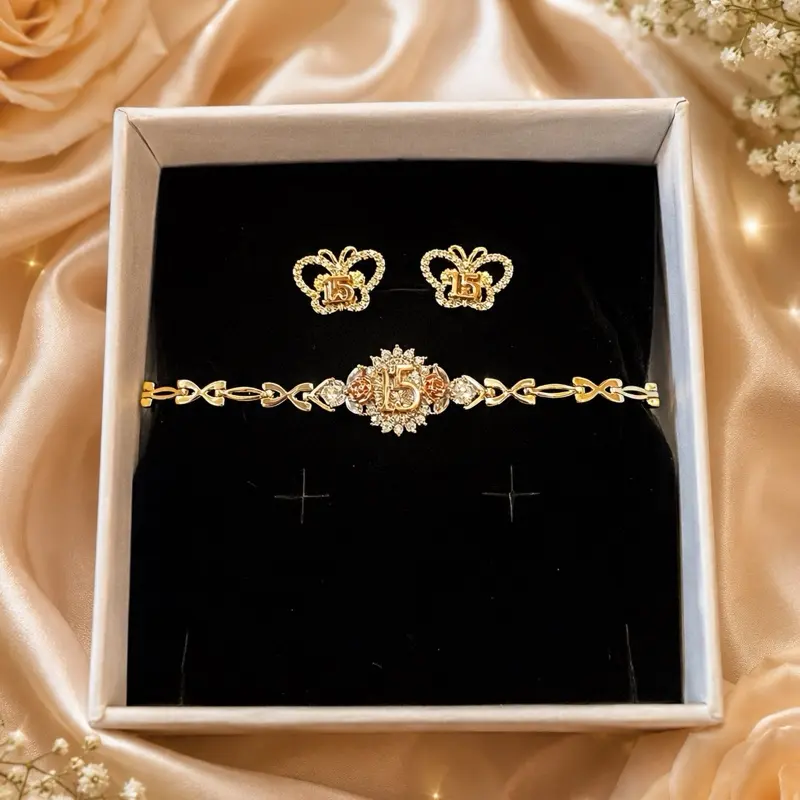 Quinceañera Jewelry Combo Bracelet and Butterfly Earrings Special Event Crafted with 14K Gold Filled