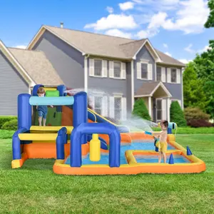 7-in-1 Outdoor Water Slide Set for 3-8 Year Olds, Featuring Slide Pool, Climbing Wall, Water Cannon, Basketball Hoop, Boxing Post, Football Stand (Sports & Outdoor Kids' Activity Playset)