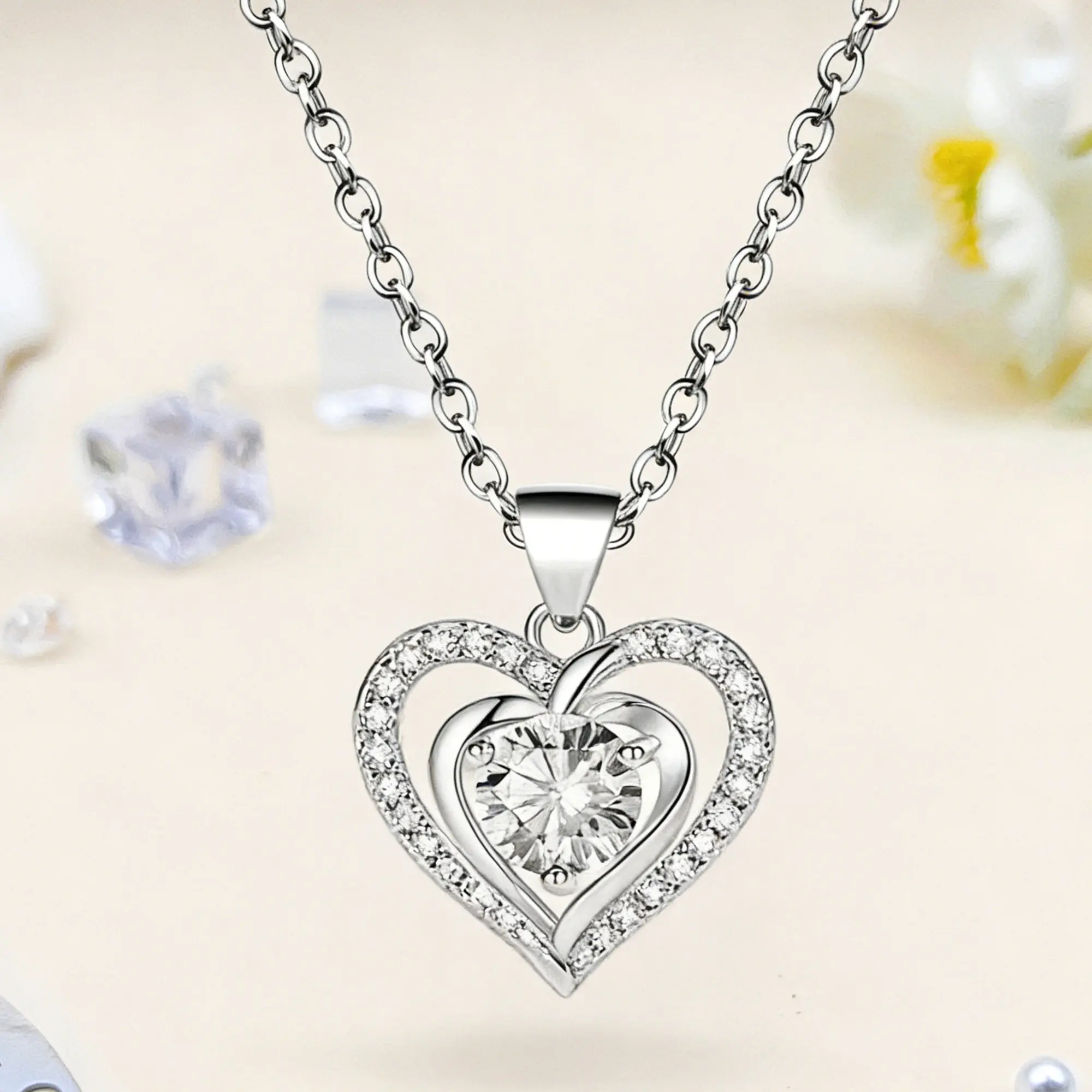 925 Sterling Silver Ocean Heart Necklace – 1ct CZ Double Heart Pendant for Women, Hypoallergenic Minimalist Jewelry Gift for Her Wife Girlfriend