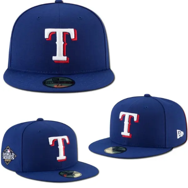 Royal Blue New Era 59FIFTY Texas Rangers Fitted Hat – Flat Bill Baseball Cap Featuring Embroidered White and Red “T” Logo & World Series Patch, Premium MLB Streetwear Headwear