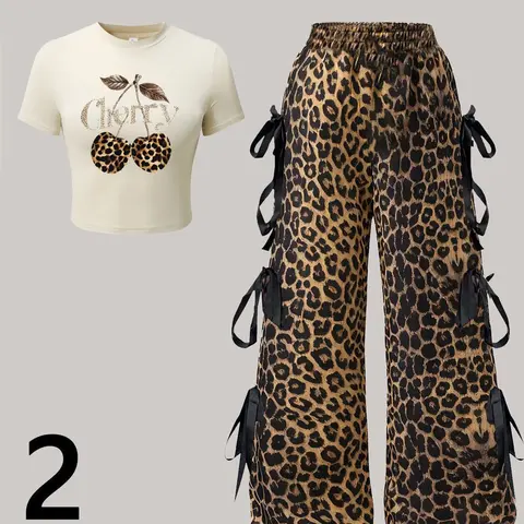 TikTok Hot Selling 2-Piece Leopard Cherry Womenswear Set Y2K Style Round Neck Crop Top with Bow Wide-Leg Pants | Women's Trendy Streetwear | Perfect for Casual & Party | Available in Leopard | Summer Outfit Set, Cropped Top Set, Printed Pants Set