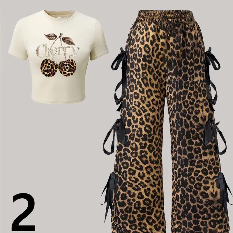 TikTok Hot Selling 2-Piece Leopard Cherry Womenswear Set Y2K Style Round Neck Crop Top with Bow Wide-Leg Pants | Women's Trendy Streetwear | Perfect for Casual & Party | Available in Leopard | Summer Outfit Set, Cropped Top Set, Printed Pants Set