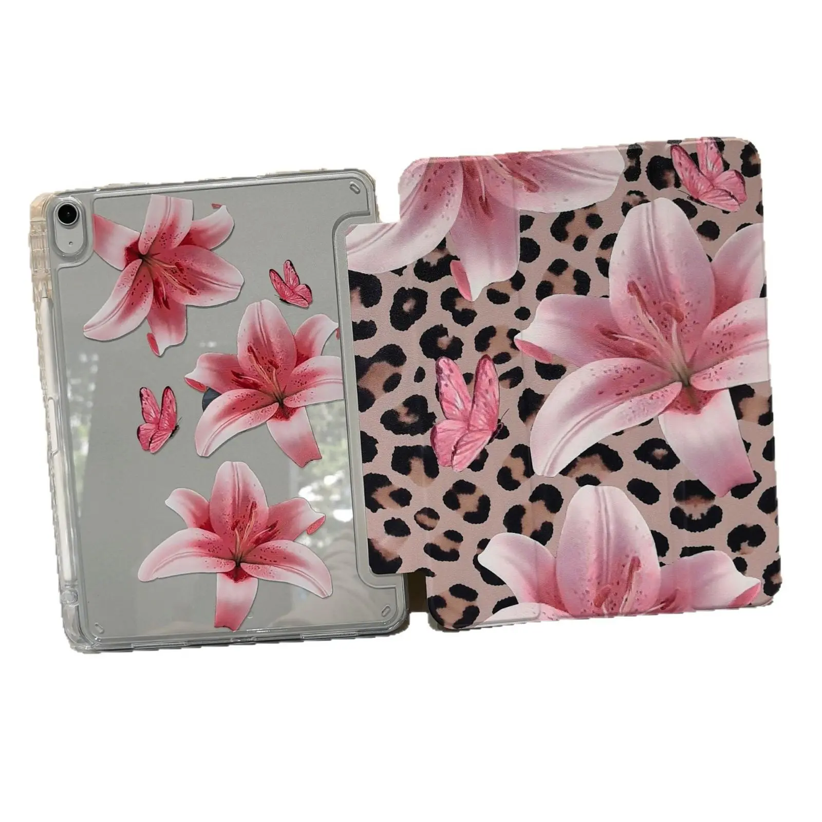 Light Pink Floral Tri-Fold Stand with Pencil Holder, Anti-Fall Protection for Case, Foldable Non-Slip Adjustable Kickstand, Flexible Hybrid Cover, Compatible with for iPad mini,iPad Air,iPad Pro 10th generation,11th generation
