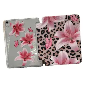 Light Pink Floral Tri-Fold Stand with Pencil Holder, Anti-Fall Protection for Case, Foldable Non-Slip Adjustable Kickstand, Flexible Hybrid Cover, Compatible with for iPad mini,iPad Air,iPad Pro 10th generation,11th generation