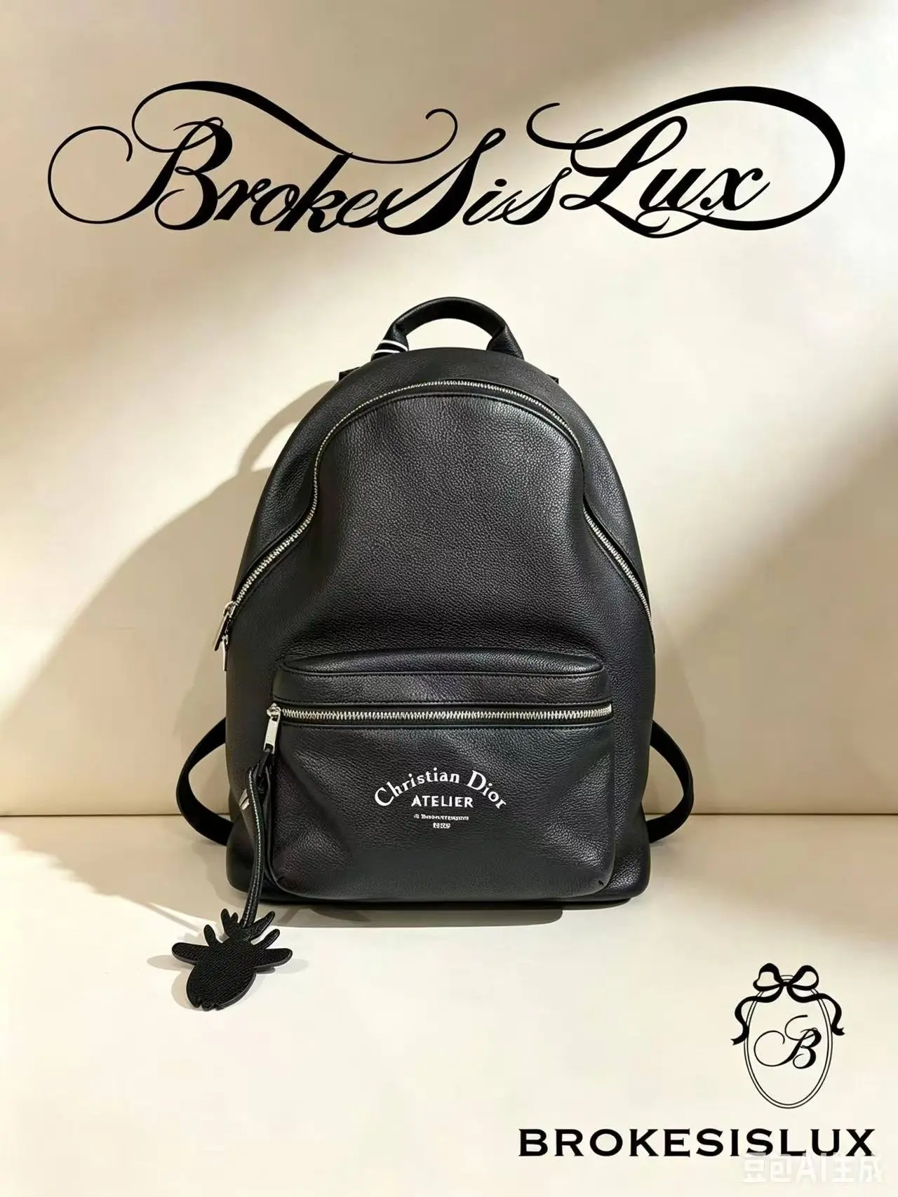 Pre-owned Dior Christian Atelier Black Grained Calfskin Backpack, White Atelier Logo Embroidery, Detachable Antler Leather Charm, Silver Tone Zippers