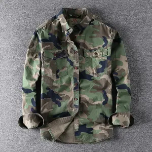 Men’s washed camouflage workwear-style long-sleeve shirt with two chest pockets—versatile, casual military-inspired youth top