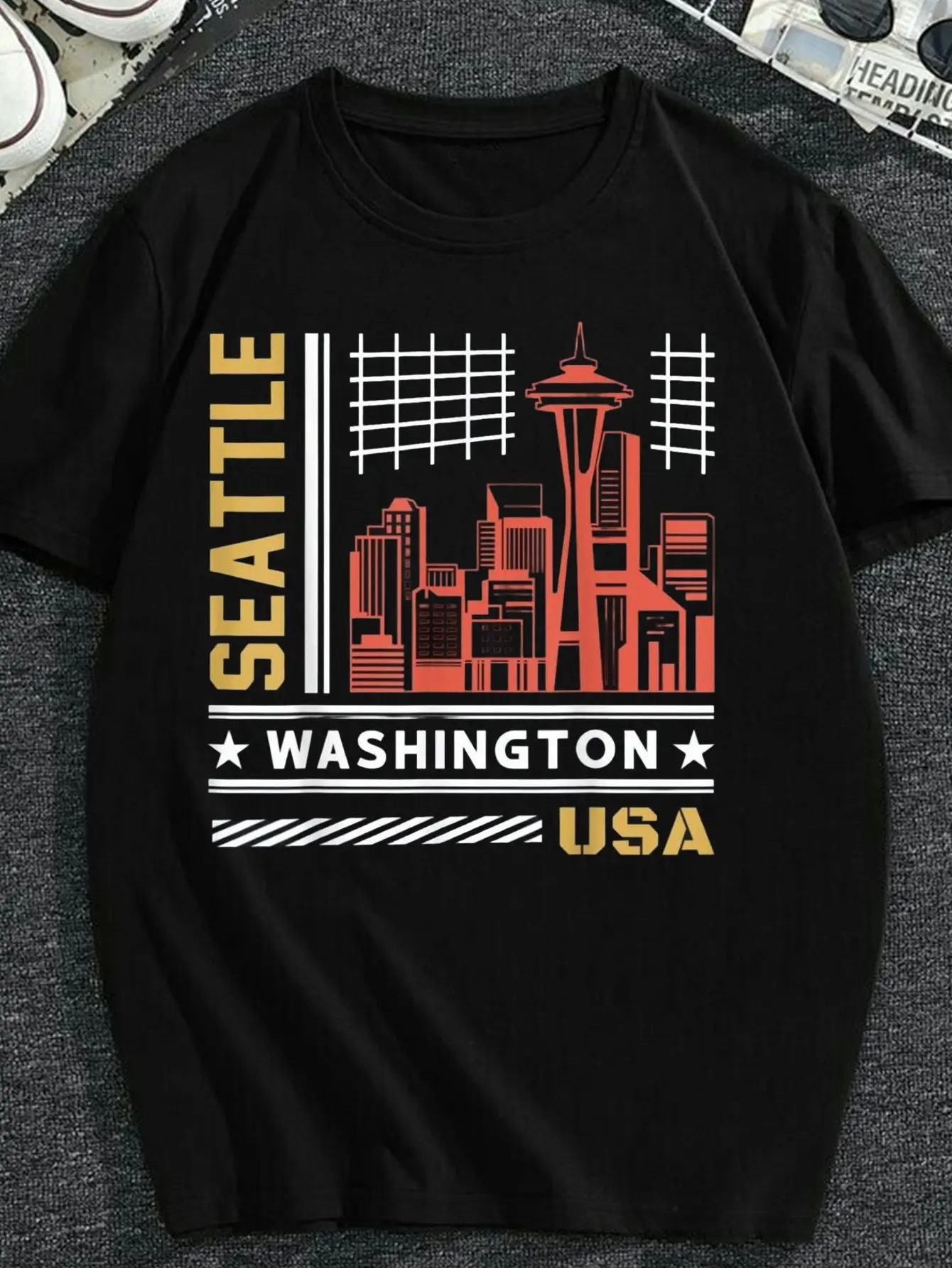 Seattle Skyline Vintage Seattle Washington T-Shirt Casual High Neck Regular Fit Slight Stretch Fabric Print Pattern All-season Perfect for Adult