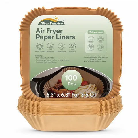 Air Fryer Paper Liners, 100Pcs Parchment Paper,After Sunrise Air Fryer Liners Disposable for Microwave, Non-Stick Air Fryer Liner Square Free of Bleach (6.3IN)