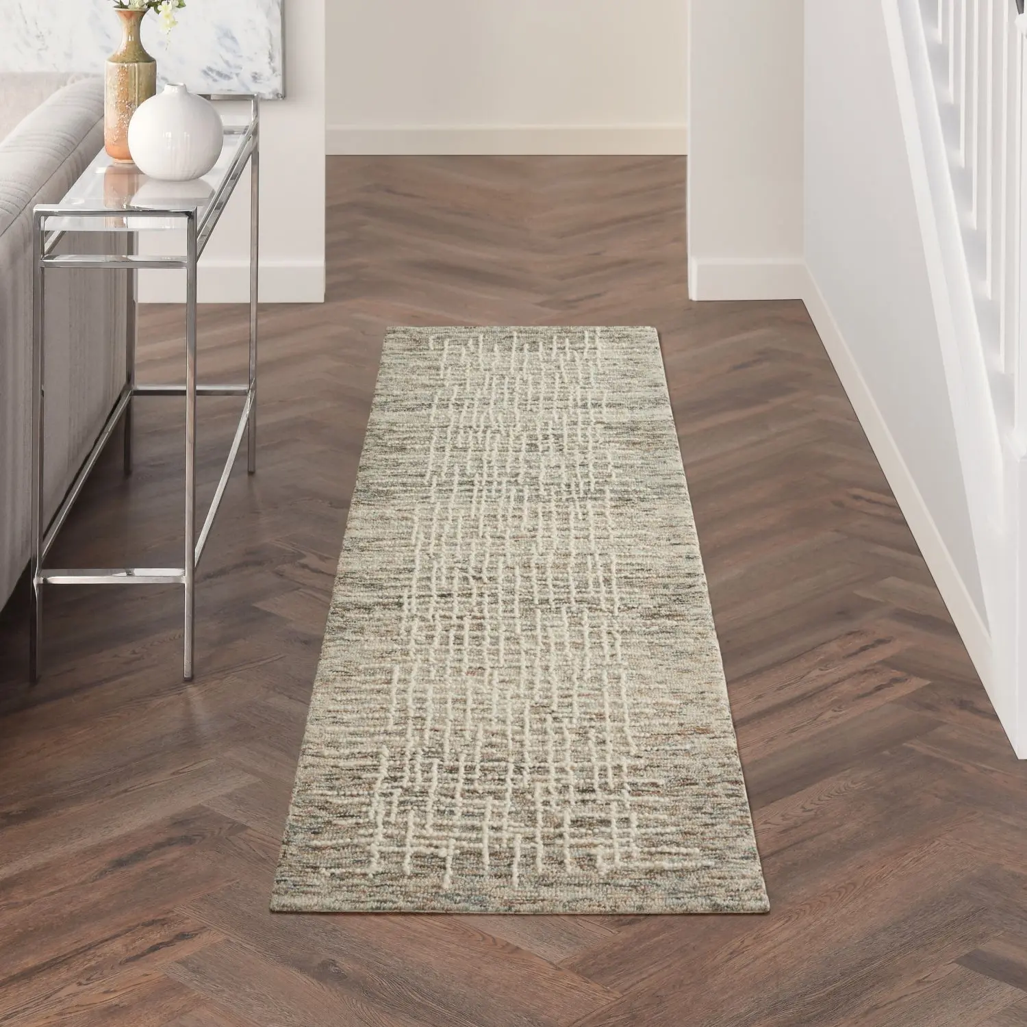 Nourison Vail Hand-Tufted Pile Low-Shed Wool Indoor Area Rug - Casual Rug, Dark Beige and White Patterned Open Weave, Living Room Mats, Home & Room Decor