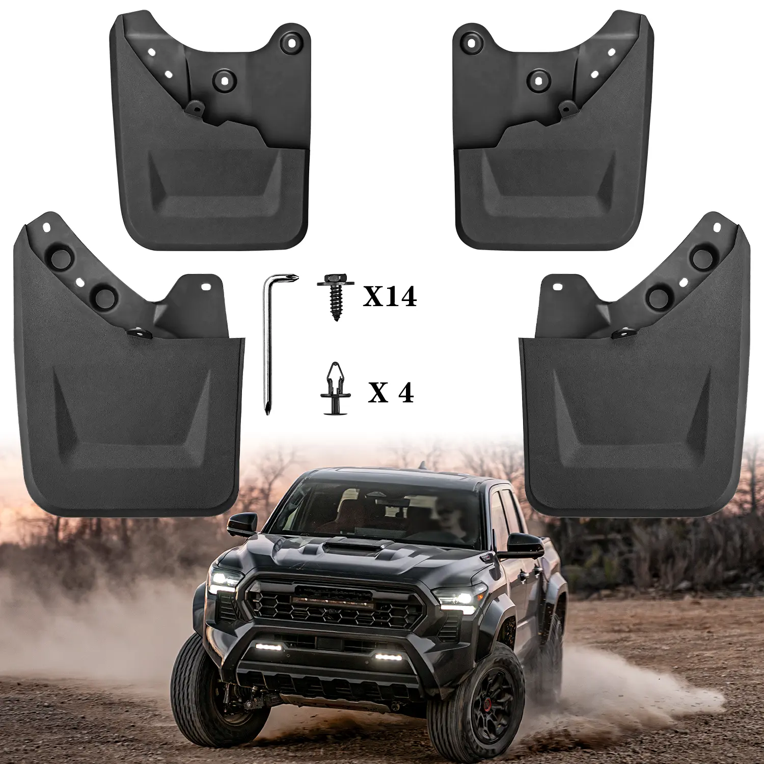 SADELOOS Durable PP+TPE Plastic Mud Flaps Splash Guards, Flexible Vehicle Accessories for Toyota Tacoma 2024-2025 Pickup Truck, 4PCS Front & Rear Tire Fenders Kit with 14 Screws & 4 Bolts