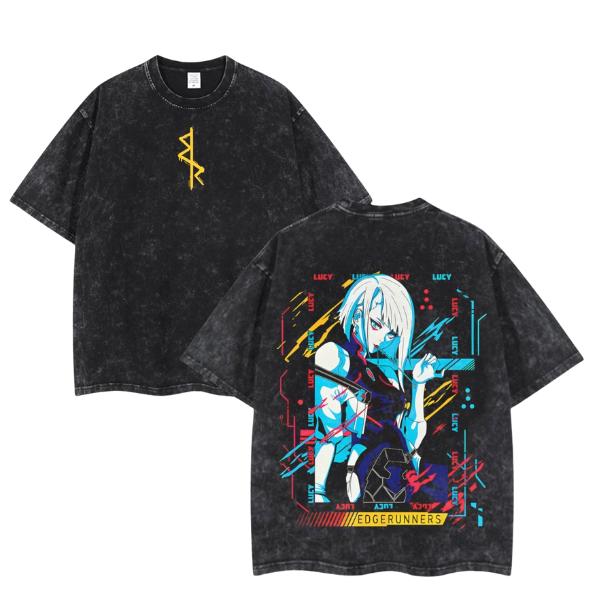 Cyberpunk 2077 Edgerunners Neoncore Lucy Unisex Acid Washed Lightweight T-Shirt – Edge Runner Anime Graphic Tee, Cotton Streetwear Top Fabric Womenswear